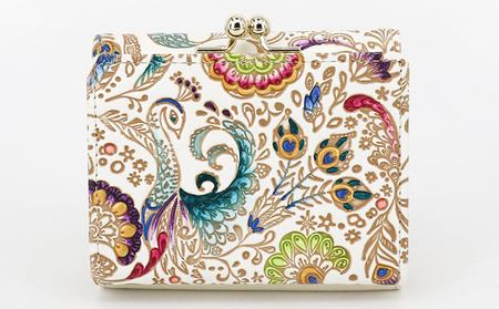 【文庫屋大関】三つ折りミニ財布 孔雀【皮革工芸品】 ファッション 小物 民芸品 お札 カード 小銭 手のひらサイズ コンパクト 大人かわいい 牛革 手作り 国産