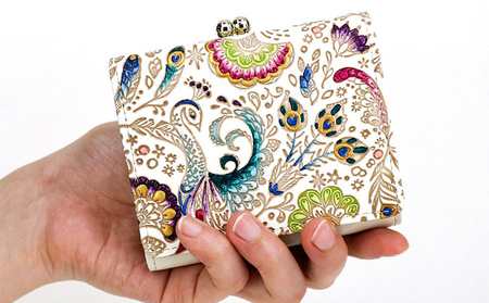 【文庫屋大関】三つ折りミニ財布 孔雀【皮革工芸品】 ファッション 小物 民芸品 お札 カード 小銭 手のひらサイズ コンパクト 大人かわいい 牛革 手作り 国産