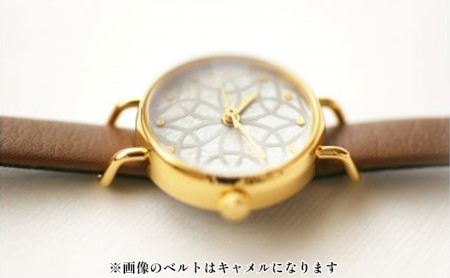 すみだ北斎美術館オリジナル 北斎 新形小紋帳 輪ちがい麻の葉 腕時計レディース ゴールド キャメル