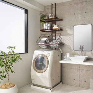 1本脚ですっきり置けるモダンランドリーラック 棚2段バスケット2個 幅73cm奥行47cm【ホワイト】_1904001014_03