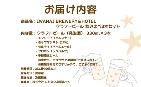 IWANAI BREWERY＆HOTEL クラフトビール 飲み比べ3本セット 地ビール ピルスナー IPA ペールエール シュバルツ 季節限定 瓶ビール お酒 F21H-473