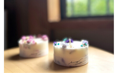 ロスフラワーで作る、ソイリースボタニカルキャンドル　【ブルーグリーン＆パープル】（シトラスの香り）