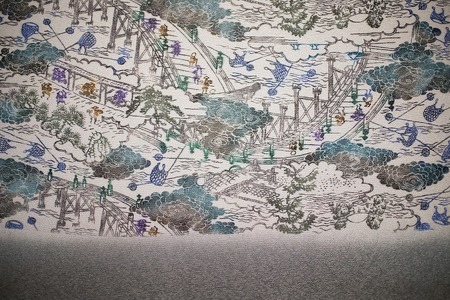 職人技がさえわたる世界に一つだけの「手差し型染め 名古屋帯」（古代柄/川の風景）