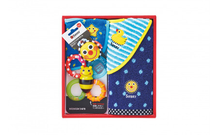 【DADWAY】サッシー・ギフトセット(箱付き)【ブルー】 | 出産祝い ギフト 必需品 定番おもちゃ カラフルタオル スタイ 歯固め キッズ ベビー用品