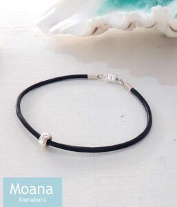 【レディース】シルバー＆牛革ブレスレット  Black