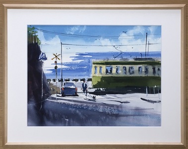 【鎌倉高校前】鎌倉の風景水彩画[A４サイズ複製・額付]