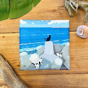 湘南・茅ヶ崎で描く、海を感じるイラストアート 『湘南ランドスケープ：ミニタオル　4枚セット』  /風景 犬 猫 サザンC ビーチ