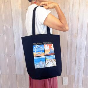 湘南・茅ヶ崎で描く、海を感じるイラストアート 『湘南ランドスケープ：トートバッグ　Mサイズ』 /風景 犬 猫 サザンC ビーチ