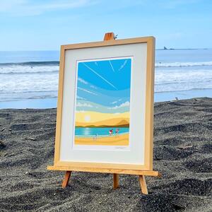 湘南・茅ヶ崎で描く、海を感じるイラストアート 『 湘南ランドスケープ02：ひこうき雲 』 ジークレーアートフレーム （小/セピアカラー） /絵画 風景 版画 10,220円