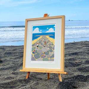 湘南・茅ヶ崎で描く、海を感じるイラストアート 『 湘南ランドスケープ03：茅ヶ崎　ヘッドランド 』 ジークレーアートフレーム （小/セピアカラー） /絵画 風景 版画