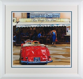 版画 鈴木英人 「波止場のひととき」 シリアルナンバー入り フレーム付き 直筆サイン入り インテリア アート 絵画 絵 イラスト 風景 サントロペ カフェ