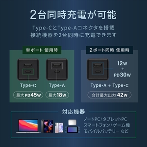 Owltech(オウルテック) GaN(窒化ガリウム)採用 USB Type-C×1 USB Type-A×1 最大PD45W出力 コンパクト2ポートAC充電器 OWL-APD45C1A1G-BK ブラック