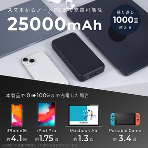 MOTTERU(モッテル) モバイルバッテリー 25000mAh PD140W出力 残量表示ディスプレイ PSE適合製品 ケーブル付属 2年保証(MOT-MB25001) スモーキーブラック【 スマホ充電器 携帯充電器 充電 神奈川県 海老名市 】