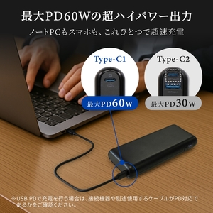 Owltech バッテリー残量が数値で分かる 20000mAh PD60W入出力対応 USB Type-C入出力／USB Type-A出力 モバイルバッテリー OWL-LPB20017-BK ブラック