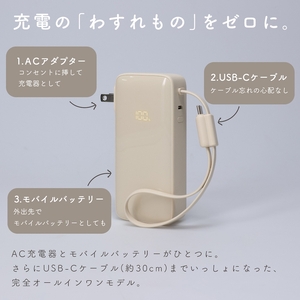 MOTTERU(モッテル) コンセント一体型 モバイルバッテリー 10000mAh PD30W入出力 3in1 残量表示ディスプレイ PSE適合製品 全3色 2年保証(MOT-MBAC10002-ECPU) ペールアイリス【 神奈川県 海老名市 】