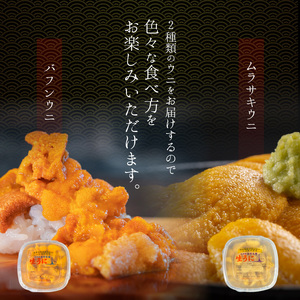 【2026年夏！新岡商店より発送】塩水バフンウニ＆ムラサキウニ（各100g）【銀座の高級寿司店御用達】【余市のうに】塩水ウニ発祥の地 高級ウニ 高級雲丹 バフンウニ ムラサキウニ 赤うに 白うに 目利き 北海道産ウニ 余市産ウニ _Y037-0337