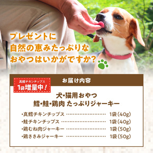 〈 増量 キャンペーン中！！ 〉犬・猫用おやつ　北海道産無添加　鱈、鮭、鶏肉　たっぷりジャーキー4種類セット_Y078-0002