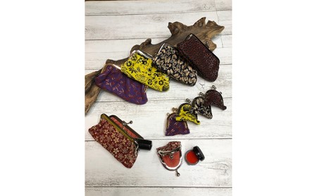 印傳（鹿革）の手作り小物入れセット（小銭入れ、印鑑、朱肉、リップetc...） ファッション小物  黒下地赤漆刺子