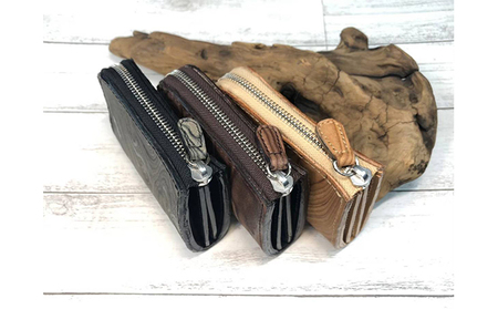 漉き模様革のL字ファスナーショート財布 ファッション小物 収納 コンパクト 牛革 革製品  黒