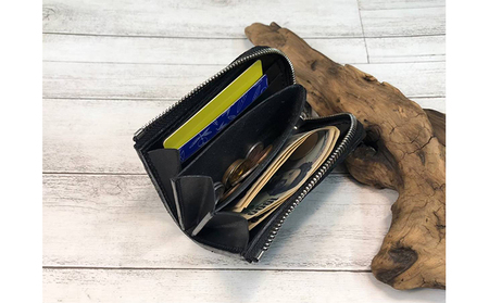 漉き模様革のL字ファスナーショート財布 ファッション小物 収納 コンパクト 牛革 革製品  黒