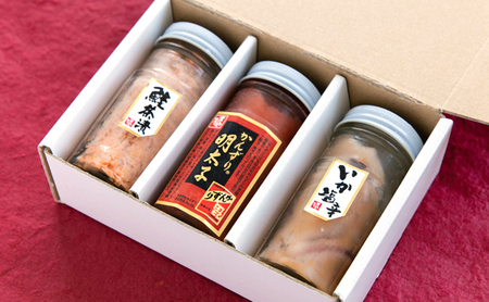 万越屋　珍味3本セット 魚貝類 加工食品 イカ 明太子 名物 ご飯 おにぎり お酒 肴 素材 唐辛子 発酵調味料 新鮮 たらこ 旨辛 絶品 