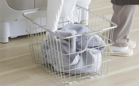家事問屋] 取って付きバスケット 大 ハンドル付 タオル収納 ステンレス