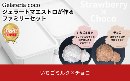 ジェラートマエストロが作るファミリーセット 1L×2 合計2L[いちごミルク・チョコ] ジェラート アイス 大容量 ファミリーパック 添加物不使用  [Gelateria coco]【017S103】