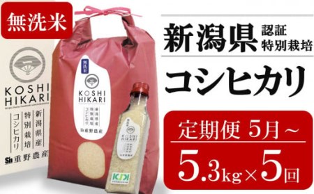【定期便・5月～発送】コシヒカリ 無洗米 5kg（ペットボトル米 300g 1本付き）×5回 （計 26.5kg）重ちゃんが愛情込めて作ったお米[Y0354]