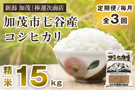 【令和6年産米】【定期便3回毎月お届け】七谷産コシヒカリ 精米15kg(5kg×3)白米 捧運次商店