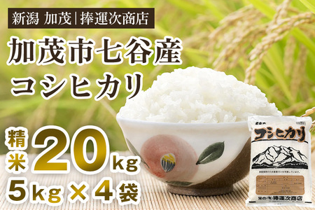 【令和5年産米】新潟県加茂市七谷産コシヒカリ 精米20kg（5kg×4）白米 捧運次商店 コシヒカリ 新潟県産コシヒカリ 米 お米