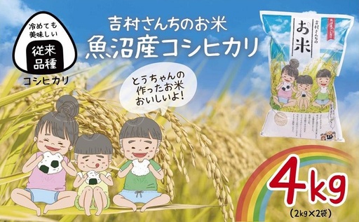 ｜従来品種｜ 魚沼産 コシヒカリ 2kg ×2袋 計4kg 米 こしひかり お米 コメ 新潟 魚沼 魚沼産 白米 送料無料 新潟県産 精米 産直 農家直送 お取り寄せ 吉村さんちのお米 新潟県 十日町市 モチモチ