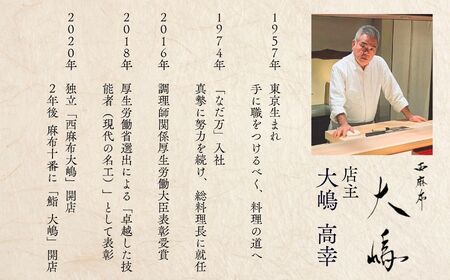 【六本木 日本料理】西麻布 大嶋 「糸魚川市特別懐石」お食事券1名様 職人技が光る四季折々の逸品 【 お食事券 食事 ふるさと納税 食事券 東京都 ふるさと レストラン 東京 日本料理 和食 ジオフード 食事券 東京 港区 フルコース コース料理 】