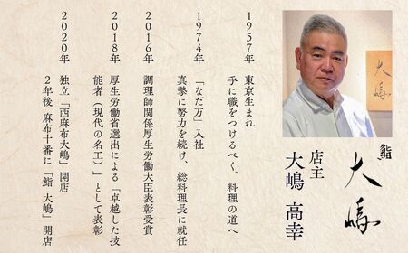 【麻布十番 鮨割烹】鮨大嶋 芸術品の一皿「旬の糸魚川コース」お食事券1名様 老舗料亭「なだ万」で総料理長を務めた大嶋氏が監修した鮨や料理はまさに匠の粋 【 お食事券 食事 ふるさと納税 食事券 東京都 ふるさと レストラン 東京 寿司 すし 和食 ジオフード 食事券 東京 港区 フルコース コース料理  】
