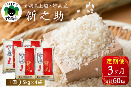 2026年4月上旬発送【定期便】令和7年産 新潟県上越・妙高産新之助20kg×3回（計60kg）