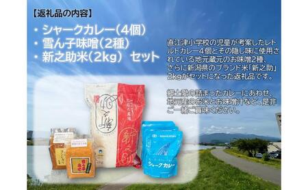 直江津小学校の児童が考えたシャークカレー（4個）、新之助米（2kg）、お味噌（2種）セット カレー ルー 米 味噌 上越市
