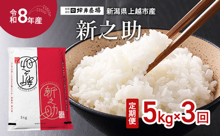 先行予約 定期便 3ヵ月 令和8年産 新潟県 上越市産 新之助 5kg 5キロ 3回配送 しんのすけ 窒素封入 上越市 坪井農場 白米 精米 送料無料