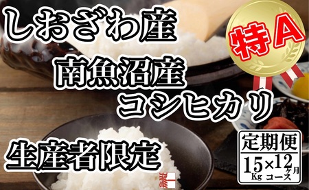 【令和7年産】【定期便：15Kg×12ヶ月】生産者限定 契約栽培 南魚沼しおざわ産コシヒカリ【2025年10月上旬より順次発送予定】 25,200円