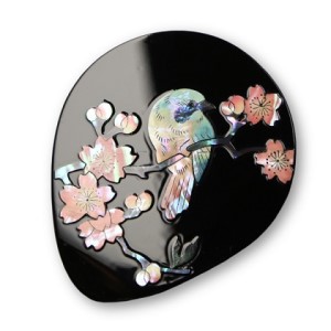 螺鈿細工 手鏡 桜に樫鳥(黒)