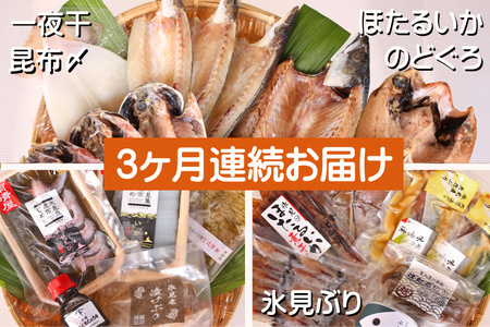 【3ヶ月連続お届け】氷見堀与 一夜干・昆布〆刺身・海の幸詰合<氷見鰤・蛍いか・のどぐろ入> 富山県 氷見市 干物 詰め合わせ 魚介類