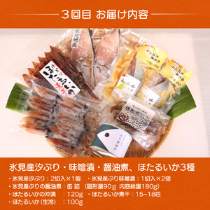 【3ヶ月連続お届け】氷見堀与 一夜干・昆布〆刺身・海の幸詰合<氷見鰤・蛍いか・のどぐろ入> 富山県 氷見市 干物 詰め合わせ 魚介類