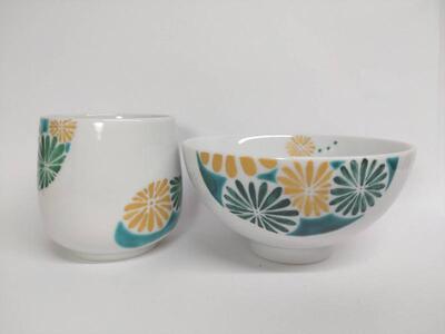 ( 緑)湯呑・飯碗セット 菊丸紋 九谷焼