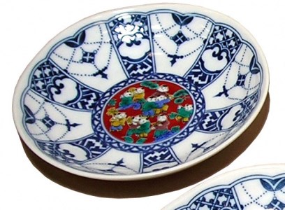 【九谷焼】4号皿揃 染付瓔珞紋時代絵 九谷焼