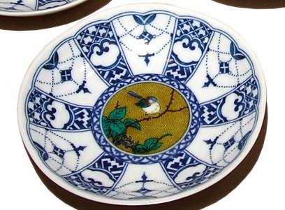 【九谷焼】4号皿揃 染付瓔珞紋時代絵 九谷焼