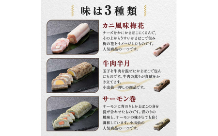山中名物 蒲鉾詰め合わせ 3種×各1本 かまぼこ 食べ比べ セット 詰合せ 蒲鉾 カニ風味梅花 牛肉半月 サーモン巻き おかず おつまみ 肴 練り物  グルメ 食品 復興 震災 コロナ 能登半島地震復興支援 北陸新幹線 F6P-0487
