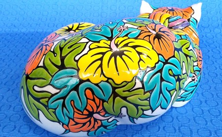 九谷焼「眠り猫 ハイビスカス」糠川孝之作 a05 工芸品 民芸品