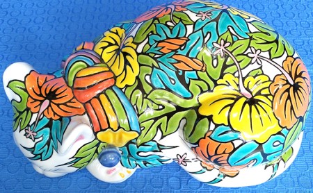 九谷焼「眠り猫 ハイビスカス」糠川孝之作 a05 工芸品 民芸品