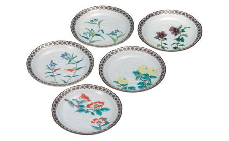 九谷焼 6号皿揃・金襴小紋五草花(5枚組)