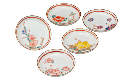 九谷焼　4.5号皿揃　草花絵変り （5枚セット）a01 食器 キッチン雑貨 キッチンアイテム 雑貨 小物 お皿 丸皿 食卓 テーブルコーディネート