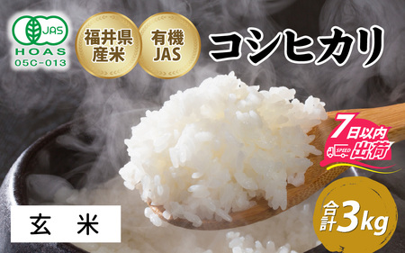 【玄米】令和7年産 ふくい東郷米 有機JASコシヒカリ 3kg [A-020029_02]/ 白米 玄米 無洗米 有機適合肥料100% 真空パック もっちり 甘い 安全 米 こしひかり 国産 福井県 福井市 東郷