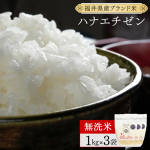 【定期便3回】福井県産 ハナエチゼン 無洗米 3kg（1kg×3）＜令和7年産 数量限定 ＞【米 コメ お米 精米 白米 無洗米 玄米 ご飯 飯 華越前 ブランド米 国産】[095-t3-a316]